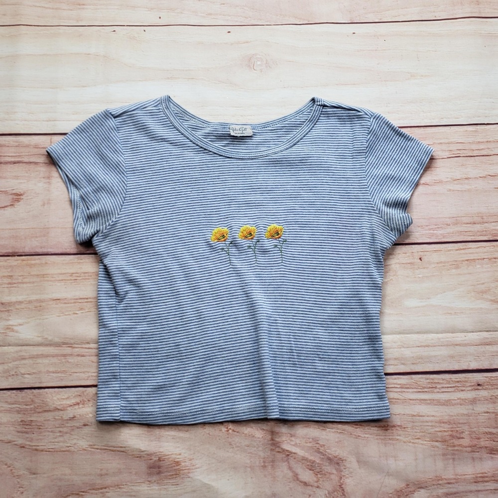 Brandy Melville John Galt Shirt One Size Blue Striped Embroidered Flowers